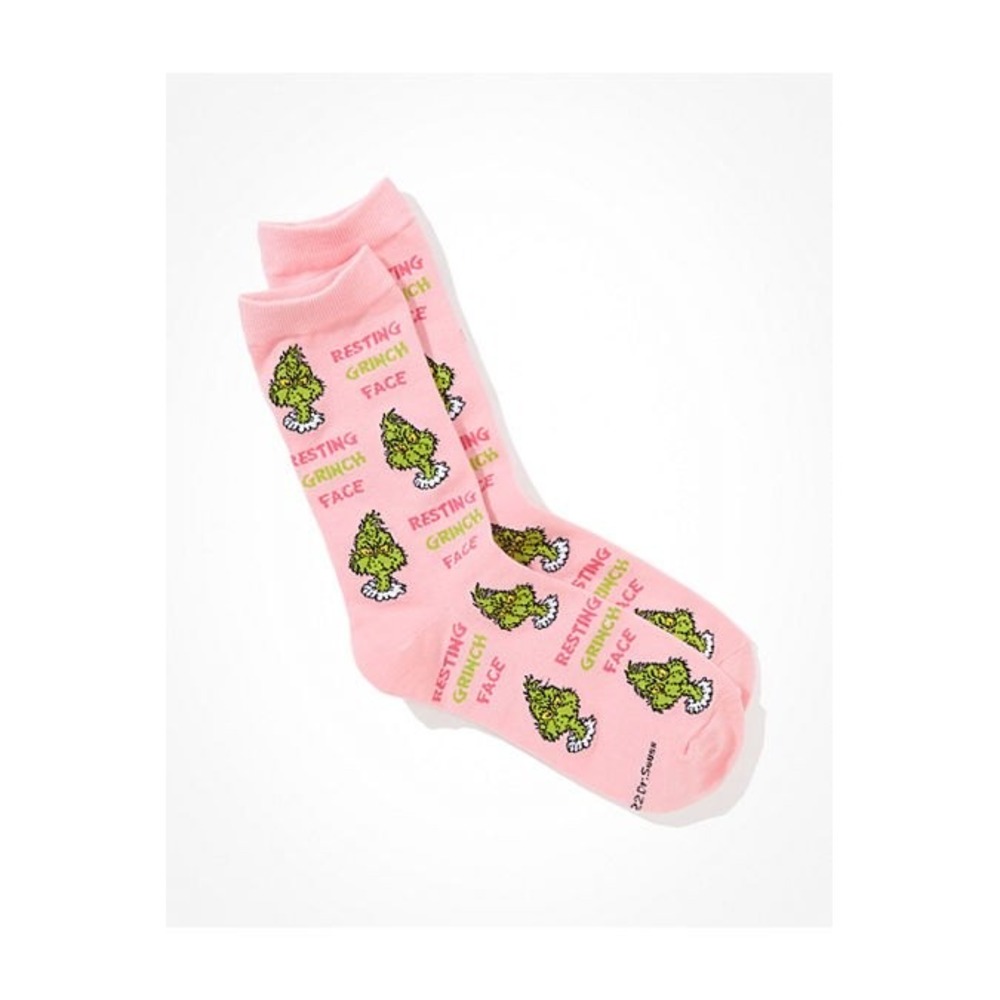 AE Resting Grinch Face Crew Sock Womens One Size Pink Holiday Dr. Seuss